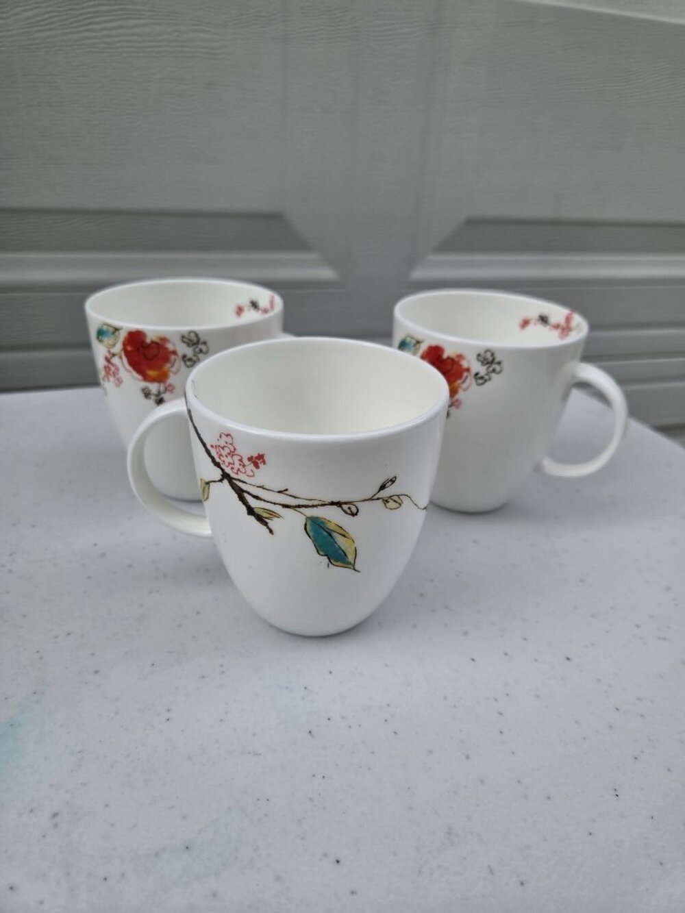3 Lenox Simply Fine Chirp Bone China Mugs With Floral & Bird Design